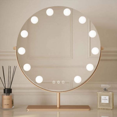 Hawn Gold Round Hollywood Mirror 42x48cm with LED lighting, adding glamour to any vanity space, adjustable settings for cool, neutral, warm light.