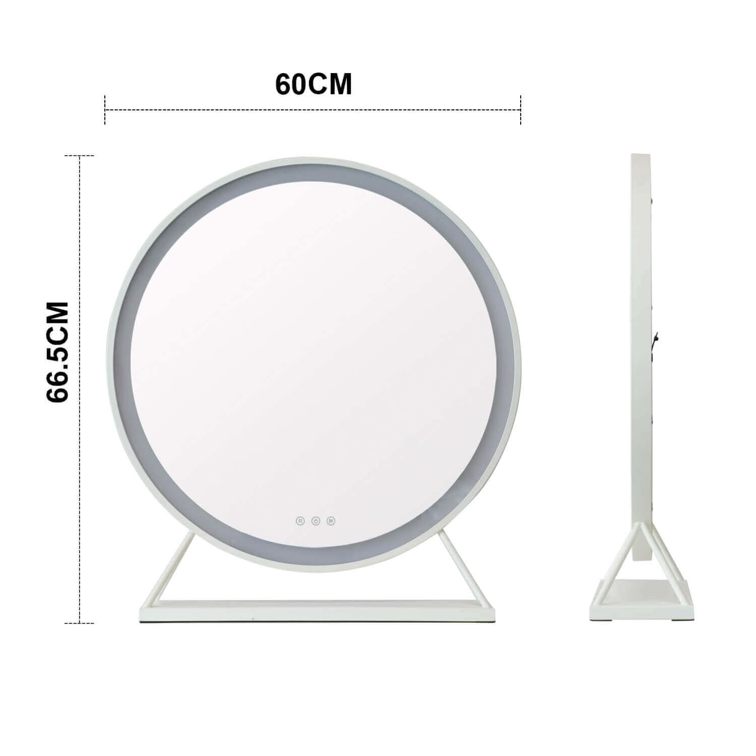 Isla Round Hollywood Mirror Silver 60x63cm with adjustable LED lighting, elegant silver frame, and dimensions displayed.