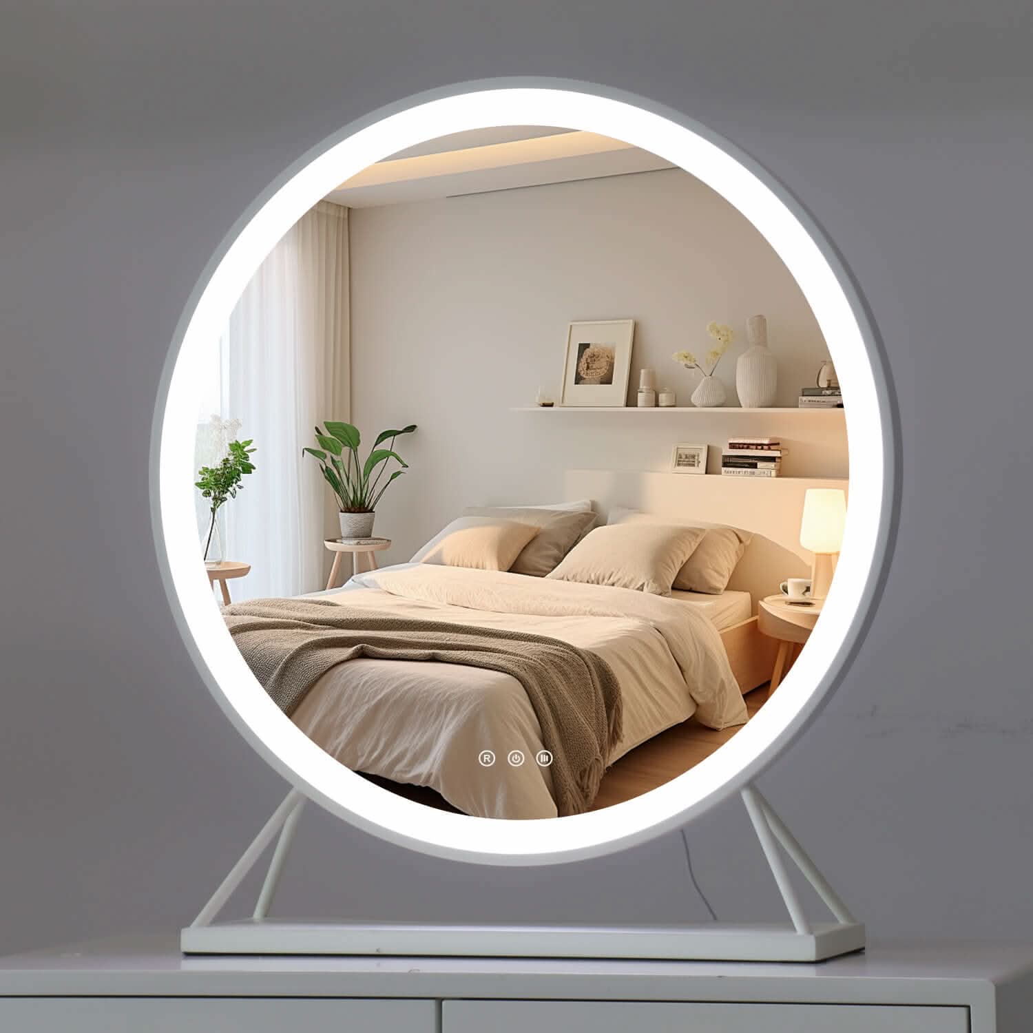 Marilyn Round Hollywood Mirror with luxurious white frame and customizable LED lighting, enhancing your bedroom elegance, 60x63cm.
