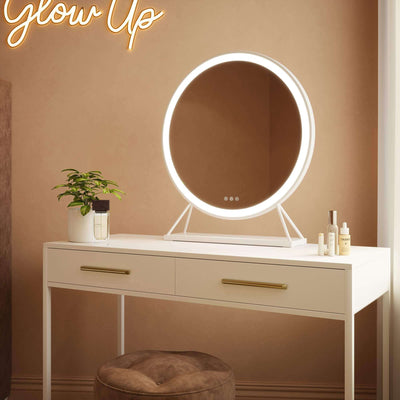 Marilyn Round Hollywood Mirror White 60x63cm showcasing customizable lighting on a stylish vanity table.