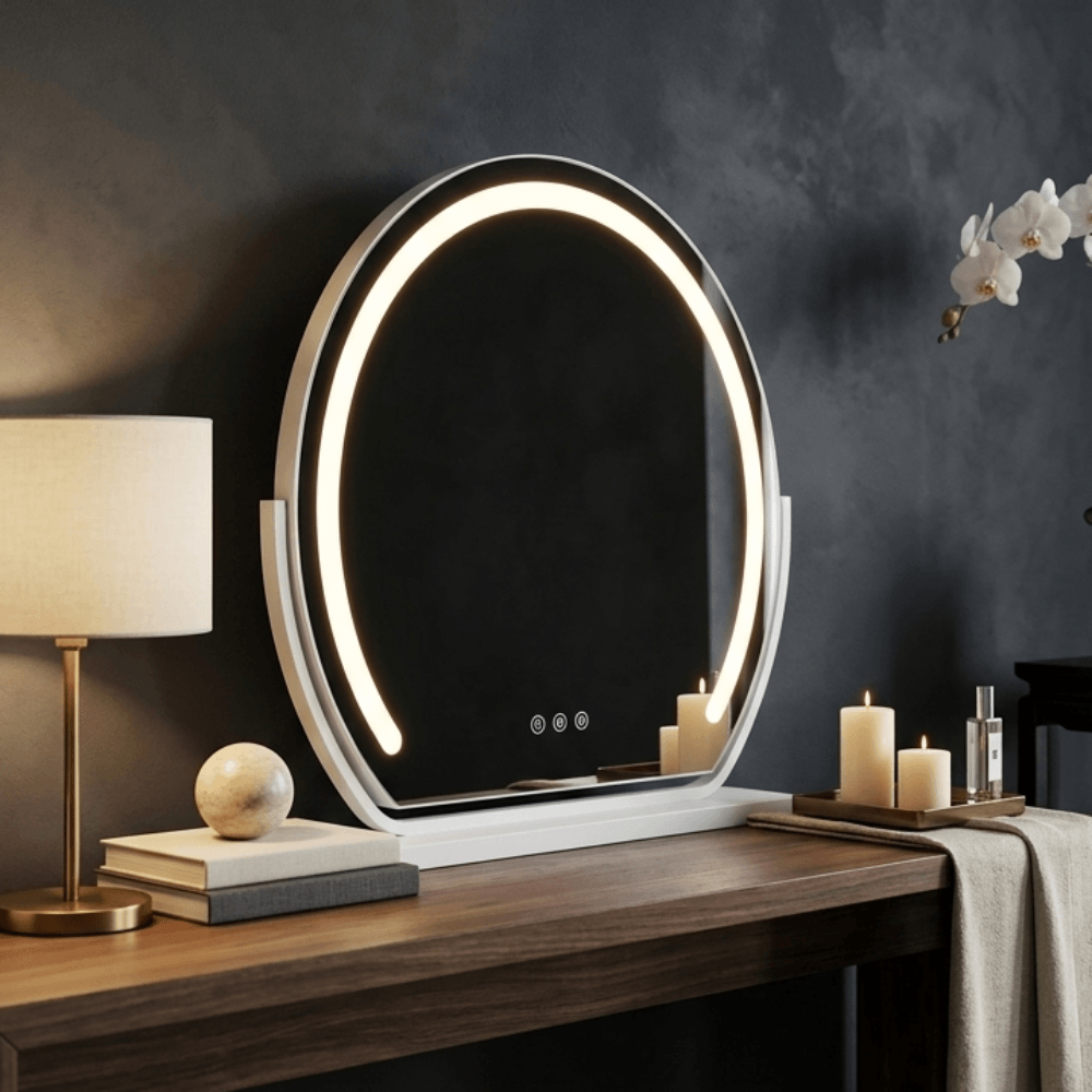 Round illuminated mirror on a wooden console table with decorative items against a dark wall.