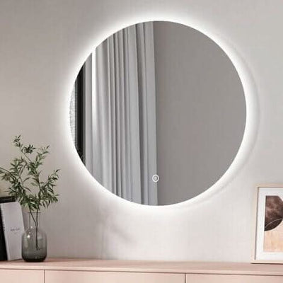 Luna 80cm round backlit mirror with ambient lighting, touch control panel, ideal for modern vanities and bedrooms.