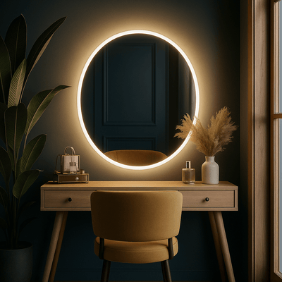 Luna 80cm round backlit mirror on a vanity, enhancing modern decor with warm ambient light.