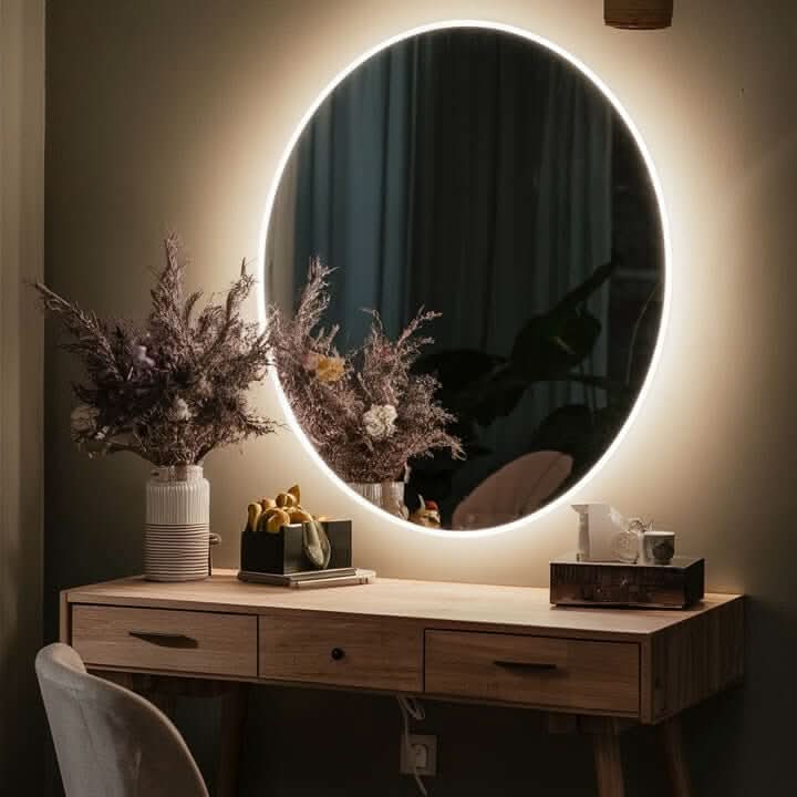 Luna 80cm round backlit mirror with ambient glow, enhancing a modern vanity setup with floral decor.