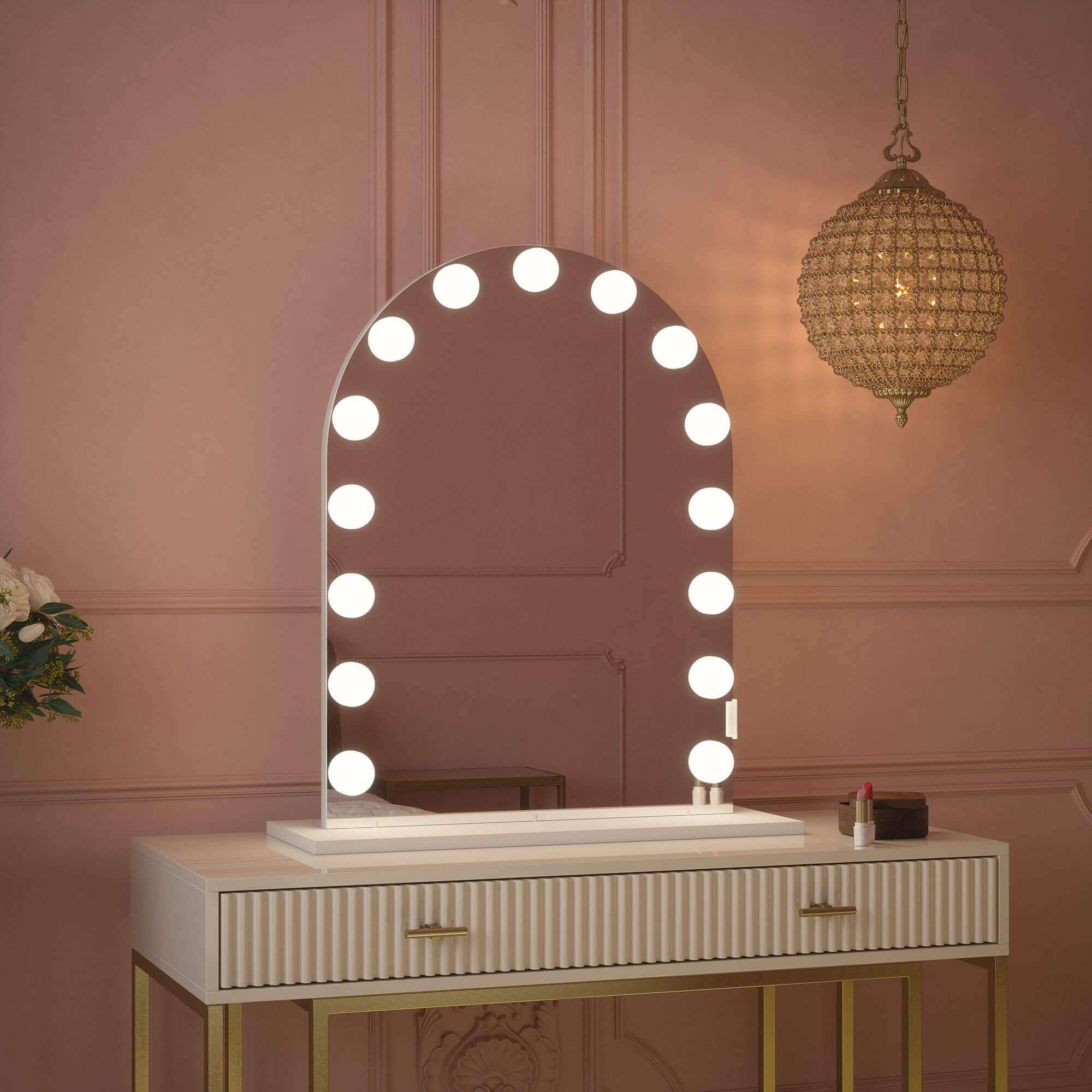 Charlize Arch Hollywood Mirror with LED lights on dressing table in elegant room, featuring soft arch design and built-in power functionality.
