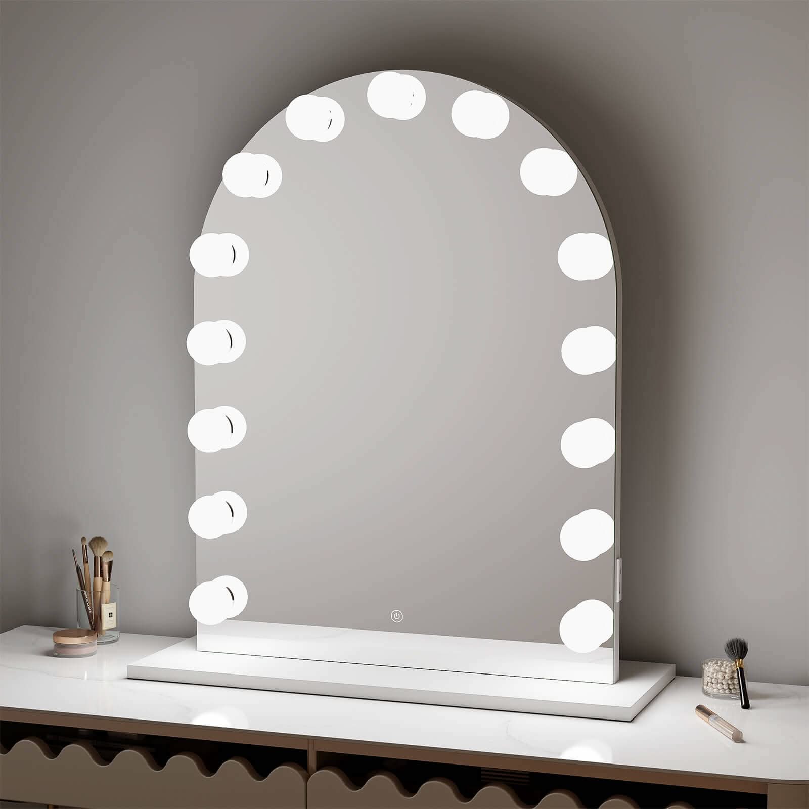 Charlize Arch Hollywood Vanity Mirror with 15 LED bulbs on table top, featuring soft arch design and 3 color modes for perfect lighting.