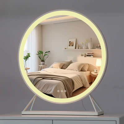 Luxurious white frame 60x63cm round Hollywood mirror with customizable LED lighting in an elegant bedroom setting.
