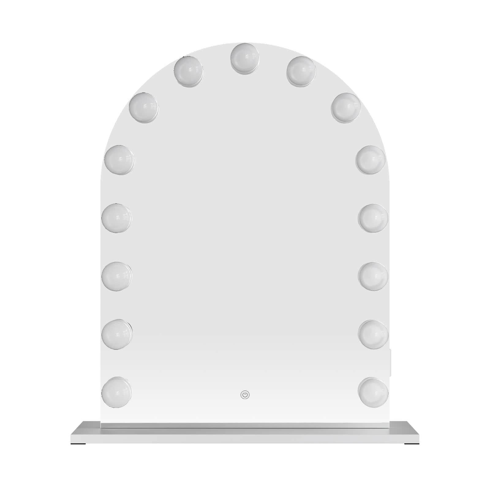 Charlize Arch Hollywood Mirror with 15 LED bulbs, tabletop design, featuring warm, natural, and cool white light modes for dressing tables.