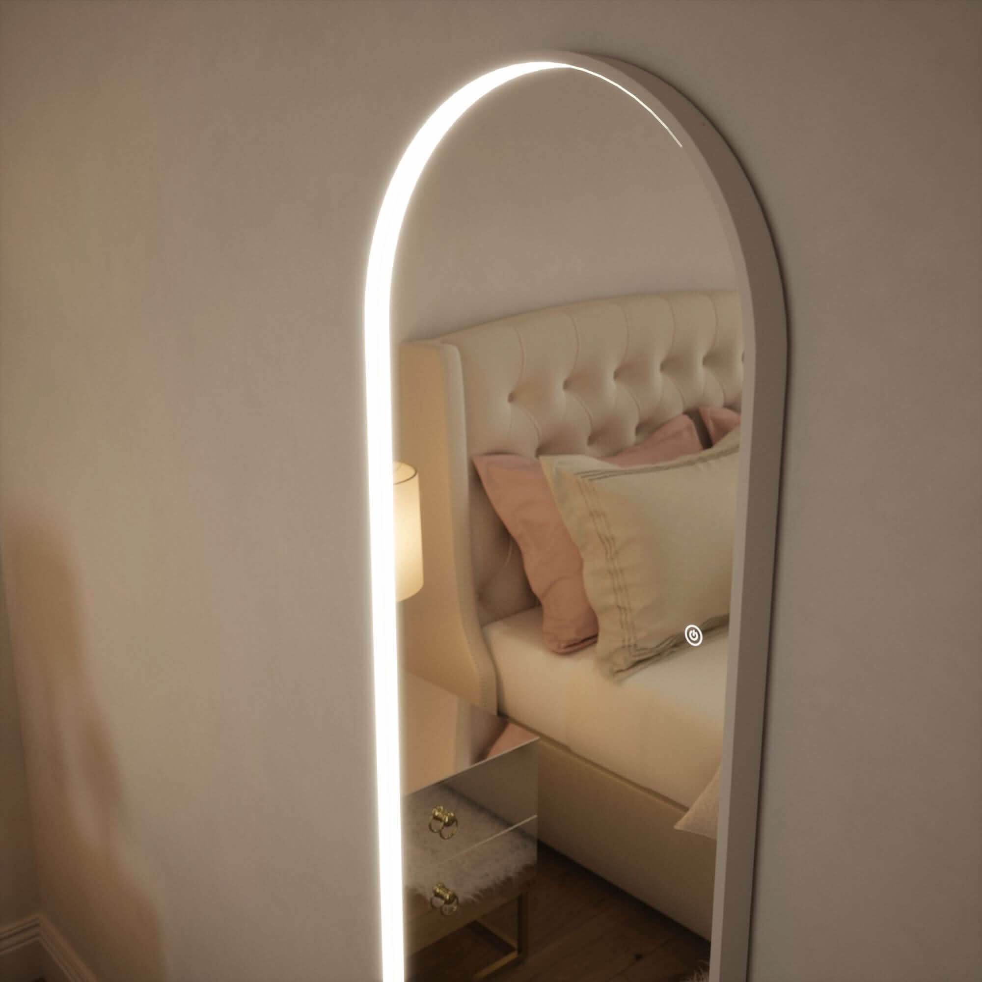 Sophia Full Length Arch Mirror with LED lighting and white frame, reflecting a cozy bedroom with a luxurious bed and soft decor.