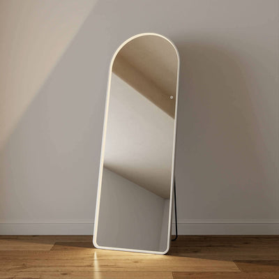 Sophia Full Length Arch Mirror White Frame with built-in LED glow and touch-activated lighting, 150cm x 50cm, warm, natural, cool modes.