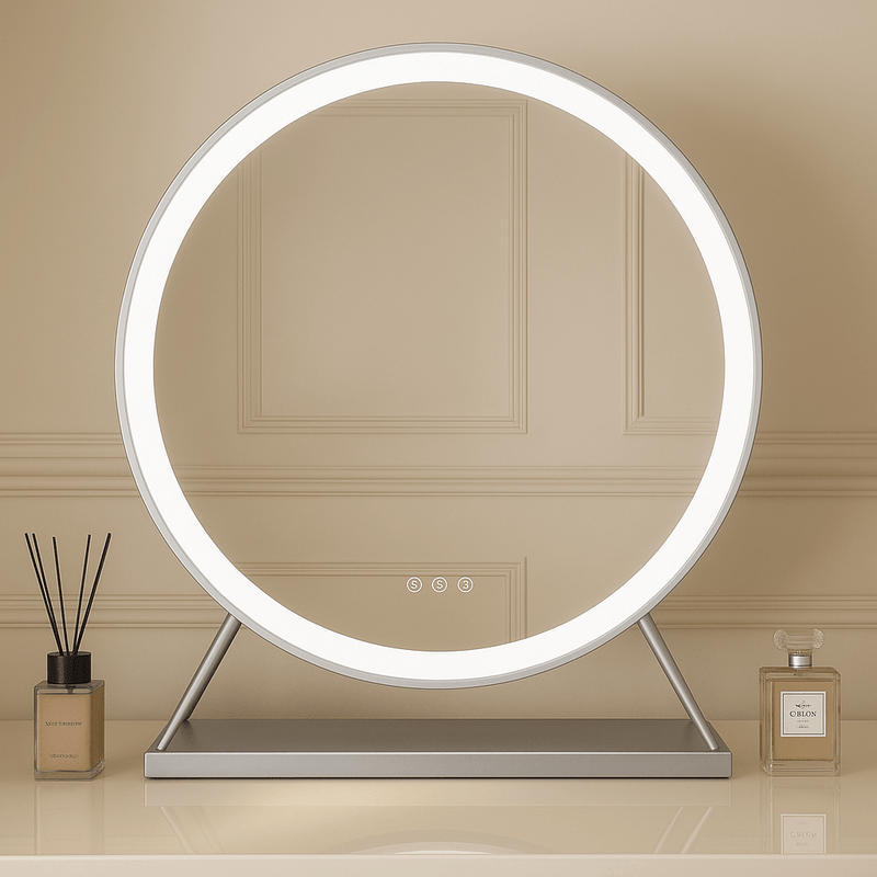 Luxurious silver round Hollywood mirror with LED lighting, 60x63cm, adds elegance to dressing rooms, featuring customizable light settings.