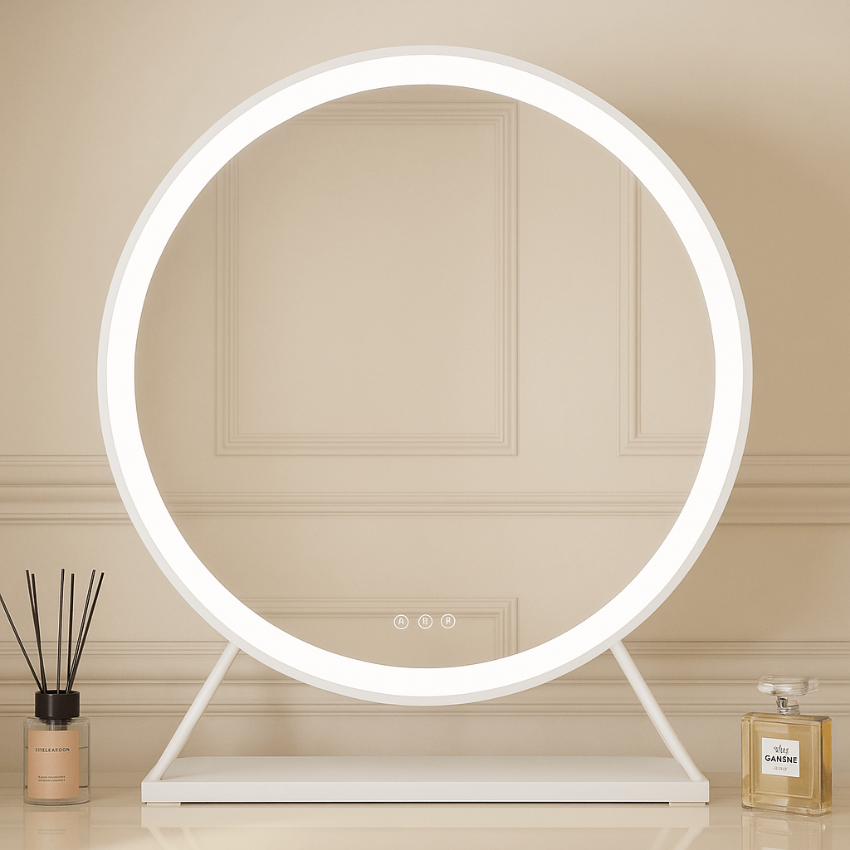White round Hollywood mirror with customizable LED lighting, 60x63cm. Perfect for elegant dressing rooms.