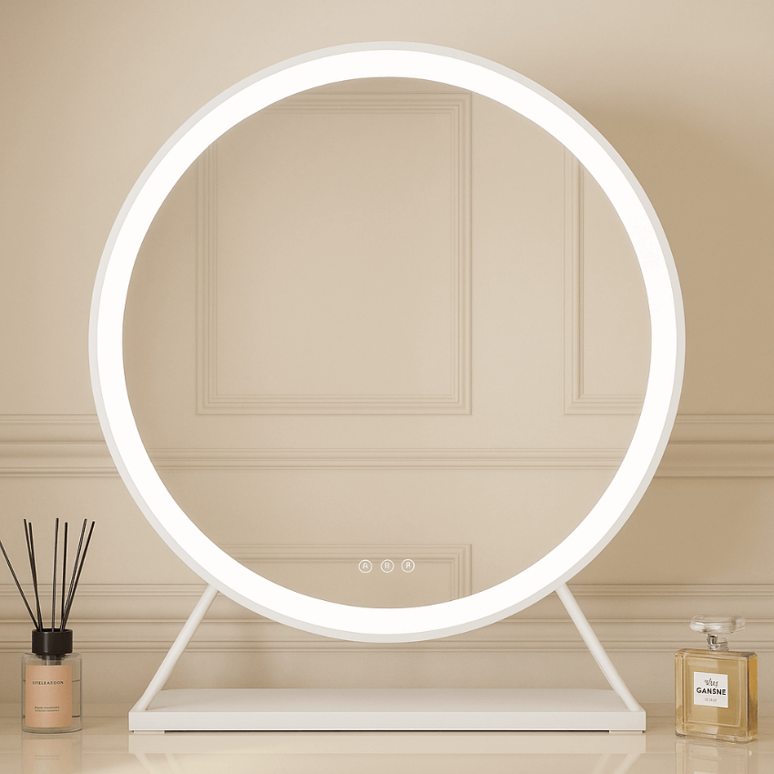 Marilyn Round Hollywood Mirror White 60x63cm with customizable LED lighting in an elegant setting