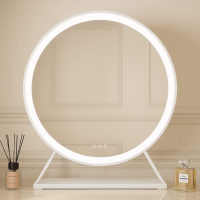 White round Hollywood mirror with customizable LED lighting, 60x63cm. Perfect for elegant dressing rooms.