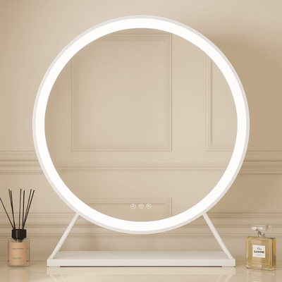 Marilyn Round Hollywood Mirror White 60x63cm with customizable LED lighting in an elegant setting