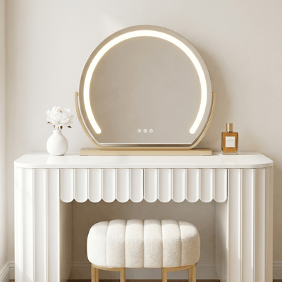 Sienna LED Vanity Mirror on elegant white dressing table showcasing serene bath aesthetic.