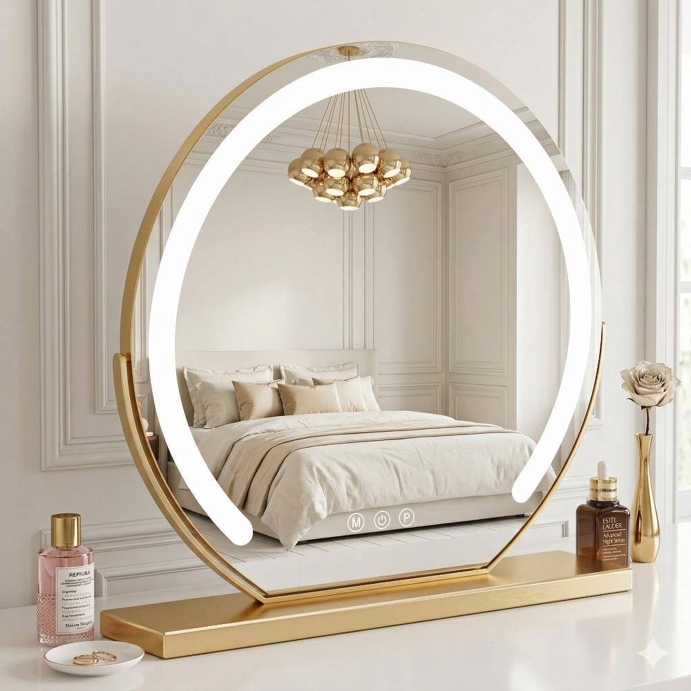 Round illuminated mirror with a gold frame on a white surface, reflecting a bedroom interior.