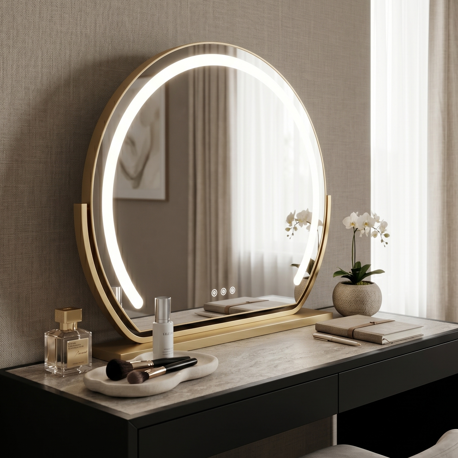 dressing table with round gold mirror illuminated leds, stool, and various items in a room setting.