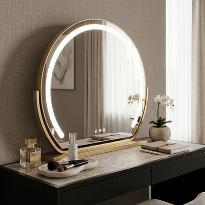 dressing table with round gold mirror illuminated leds, stool, and various items in a room setting.