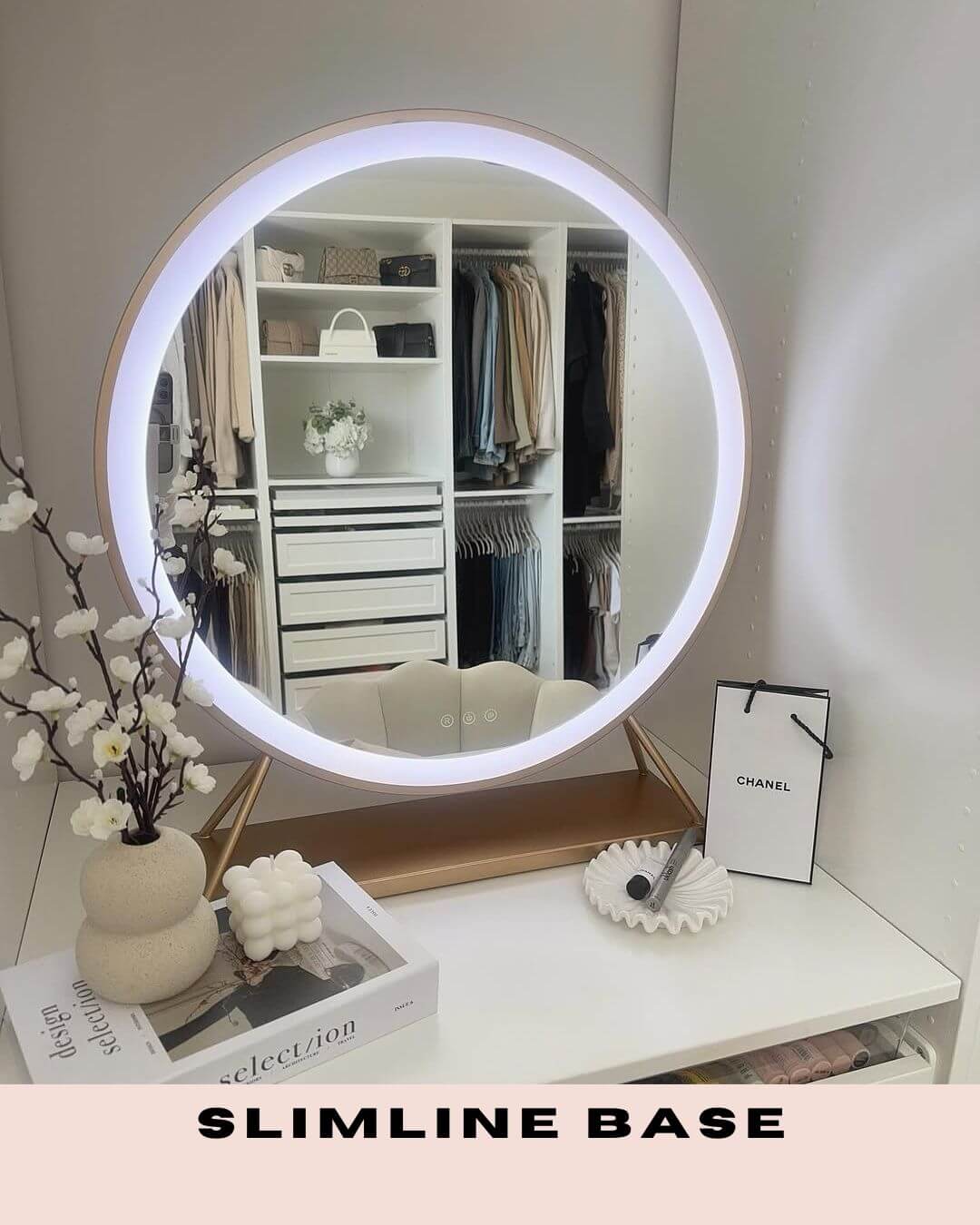 Luxurious gold round Hollywood mirror with customizable LED lighting, 60x63cm, elegant addition to dressing room decor.