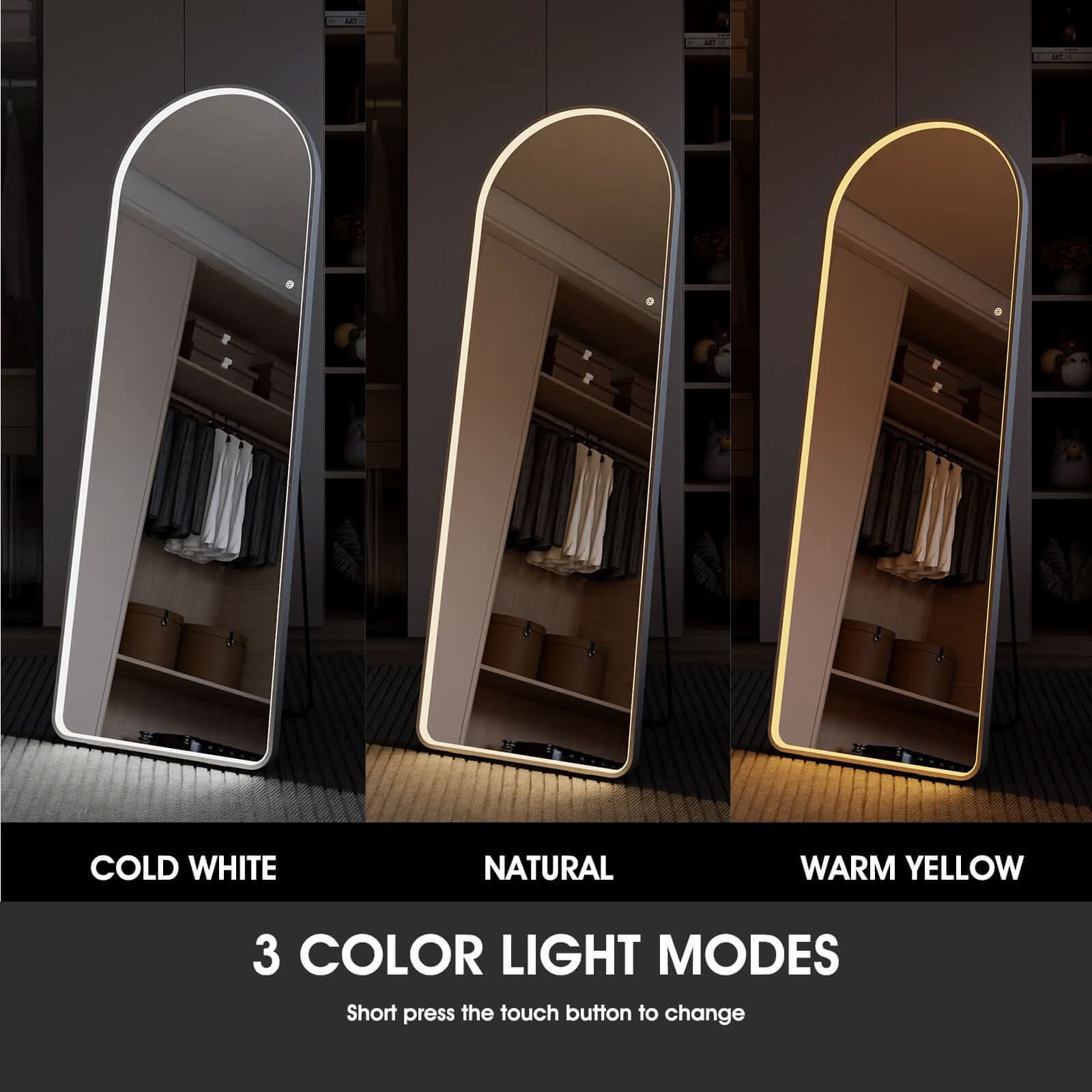 Sophia Full Length Arch Mirror White Frame with LED light modes displayed: cold white, natural, and warm yellow.
