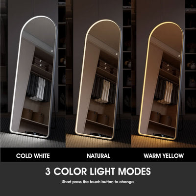 Sophia Full Length Arch Mirror White Frame with LED light modes displayed: cold white, natural, and warm yellow.
