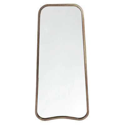 The Valentina Gold Mirror Full Length Mirror by hollywood mirrors (123cm x 56.5cm) features a rectangular shape with rounded upper corners, a slight curve at the bottom, and a slim gold frame for an elegant look.