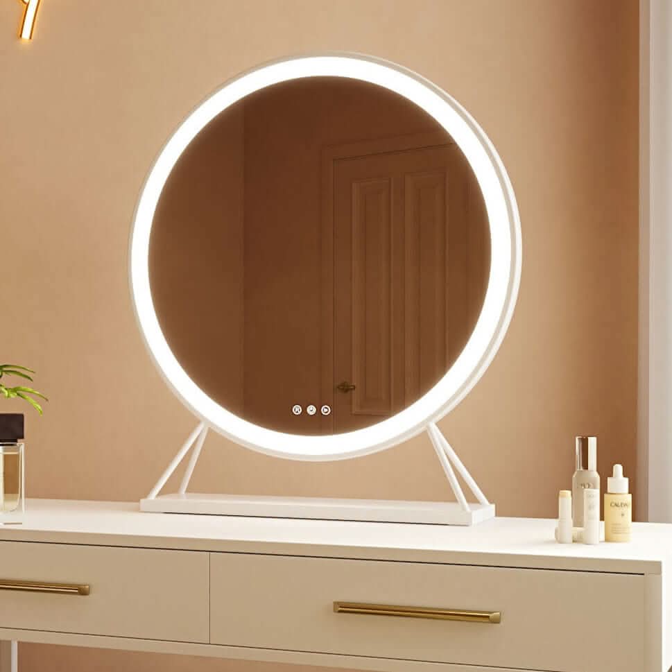 Luxurious round Hollywood mirror with white frame and customizable LED lighting, perfect for elegant dressing rooms.