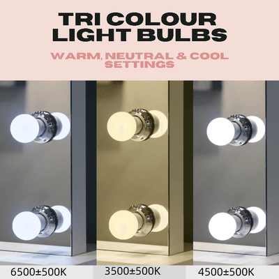 Tri Colour Light Bulbs showcasing warm, neutral, and cool settings for perfect lighting with Alicia Hollywood Mirror 60cmx80cm.