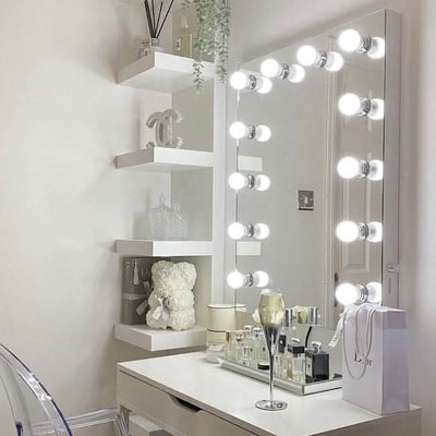 Alicia Hollywood Mirror 60cmx80cm with LED bulbs, perfect for makeup and hair styling.