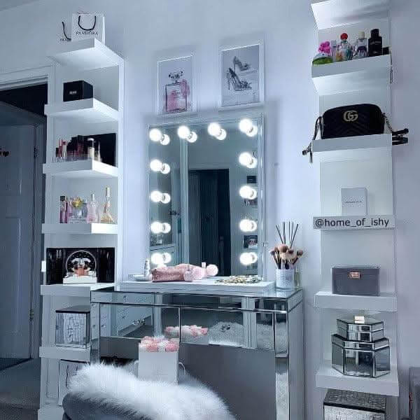 Alicia Hollywood Mirror 60cmx80cm surrounded by makeup and beauty products in a stylish dressing area.