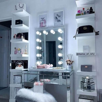 Alicia Hollywood Mirror 60cmx80cm surrounded by makeup and beauty products in a stylish dressing area.