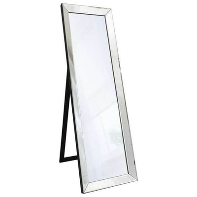 Angled Luna Mirror-Cheval Silver with elegant silver frame and kick stand, dimensions 480x40x1550mm, ideal for dressing any room.