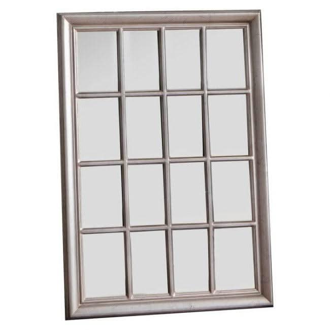 Window style antique silver mirror with decorative frame, perfect for adding light and depth to living rooms or halls.