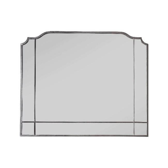 Art Deco overmantle mirror in grey with elegant design and unique top shape, hangs vertically or horizontally, 105cm x 86.5cm.