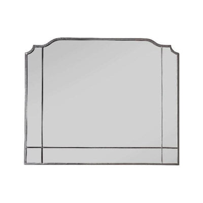 Art Deco overmantle mirror in grey with elegant design and unique top shape, hangs vertically or horizontally, 105cm x 86.5cm.
