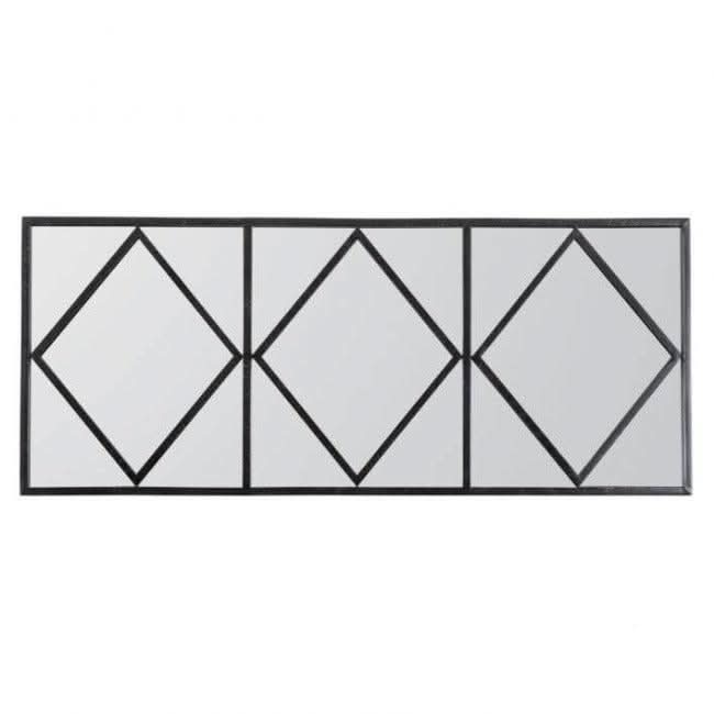 Art Deco window mirror with black metal frame, large rectangular shape, perfect for living room or hallway decor, striking industrial style.