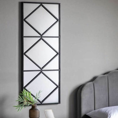 Art Deco window mirror with industrial black metal frame, perfect for living room or hallway, large rectangle shape, 500x1200mm.