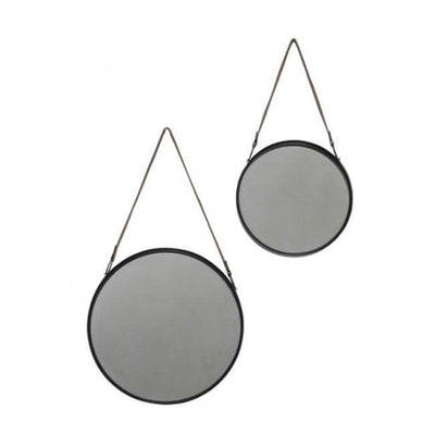 Set of 2 round metal framed Marston hanging mirrors with black finish and faux leather straps, perfect for home decor.