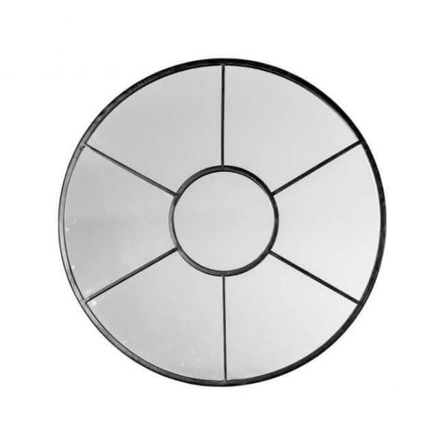 Black Valence round mirror with window-style design, 600mm diameter, suitable for cottage or contemporary decor.