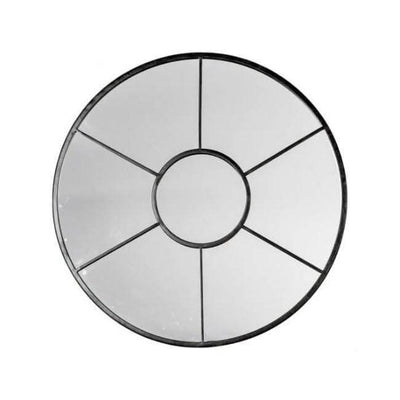 Black Valence round mirror with window-style design, 600mm diameter, suitable for cottage or contemporary decor.