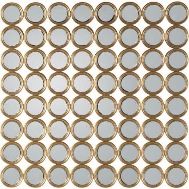 Carrington Small Circles Mirror with 64 gold-framed segments, perfect for modern elegance and glamour in any space. Delivery in 7-10 days.