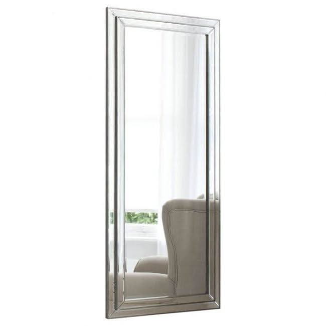 Chambery Leaner Mirror with two-step frame and pewter finish, adding a modern touch to room décor.