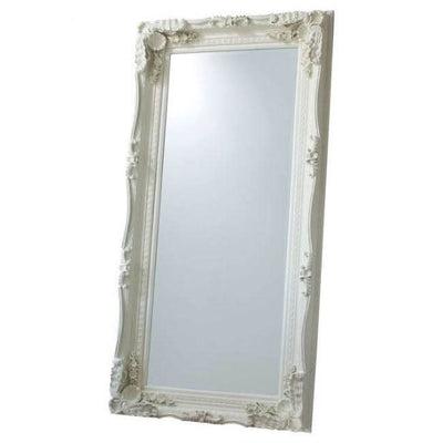 Elegant cream Charles leaner mirror with intricate carved detailing, 176cm x 90cm, perfect for bedroom décor, King Louis style.