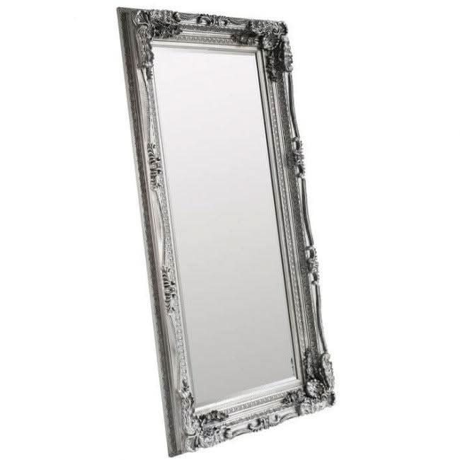 Full-length Charles Leaner Mirror in silver with ornate carved frame, 176cm x 90cm, adds elegance and light to any room.