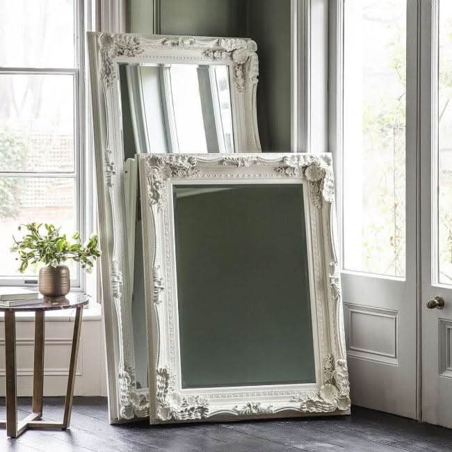 Charles Leaner Mirror in Cream, 176cm x 90cm, with elegant carved detailing and matte cream finish, adding a sophisticated touch to any room.