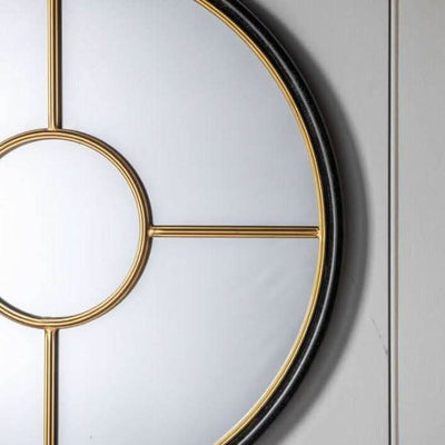 Coco Black & Gold Large Round Window Mirror with industrial design, 800mm diameter, perfect for modern living spaces.