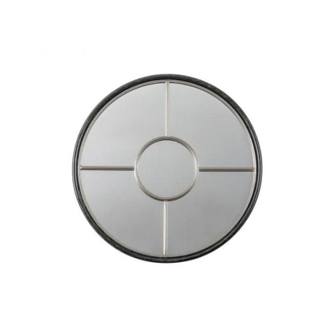 Coco Black & Silver Large Round Window Mirror with industrial black and gold frame, wall-mounted in a stylish modern living room setting.
