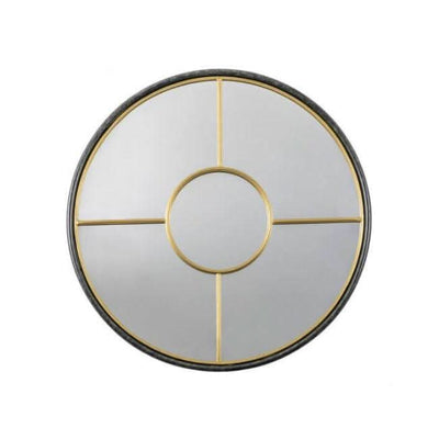 Coco Black & Gold Large Round Window Mirror with industrial style frame; perfect for living spaces, 800mm size mirror.
