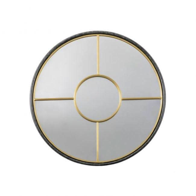 Coco Black & Gold Large Round Window Mirror with industrial design, 800mm wide, features black and gold framing against a white wall.